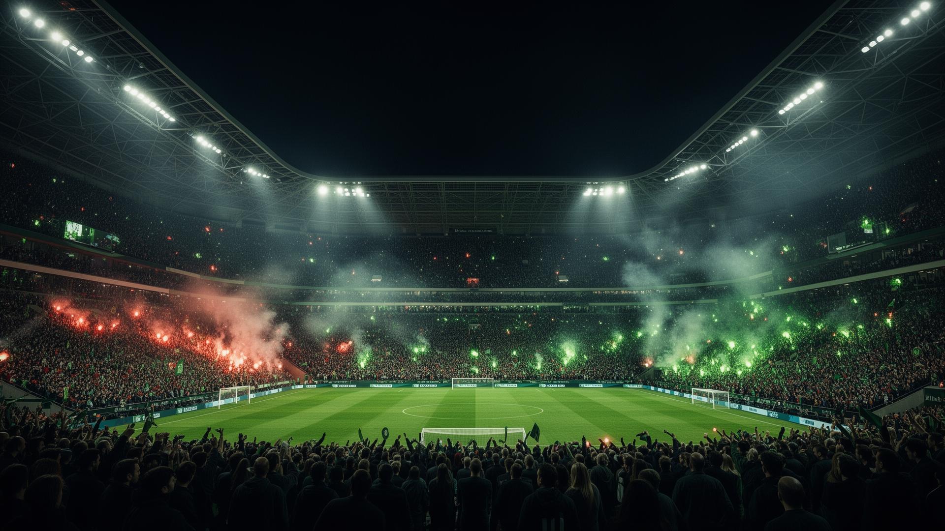 Football stadium at night with neon green flares